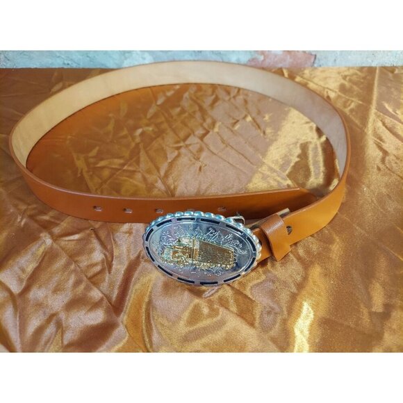 Men’s Genuine Leather Belt 42 Brown Rodeo Buckle Trucker Semi Tractor Trailer V - Picture 1 of 4